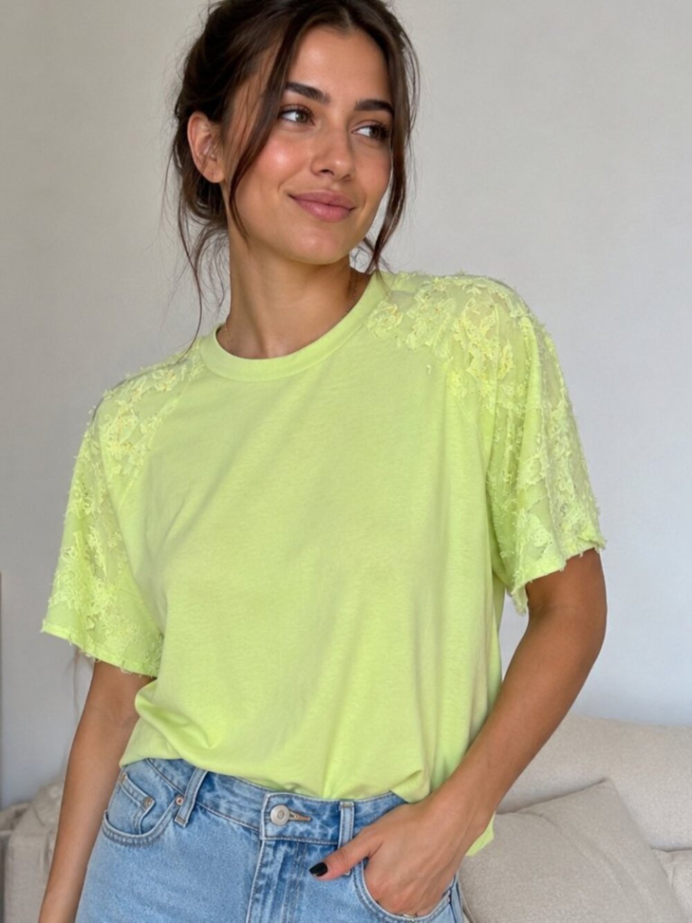 Rygrass Neon Green Lace Sleeve Tee